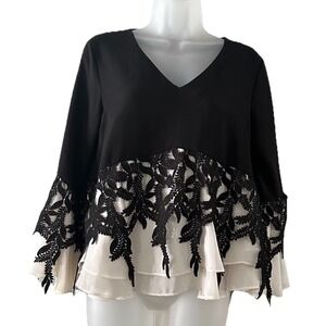INA Womens Black Lace Overlay Ivory Ruffle Top Blouse Size Small Romantic Gothic
